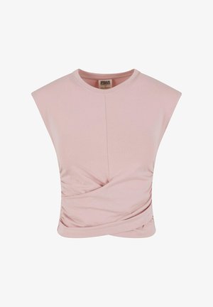 Ružičasti top bez rukava napravljen od mekog materijala, s dizajnom s naborima na prednjem dijelu i okruglim izrezom. Glatka tekstura i oblik koji se dobro prilagođava tijelu.