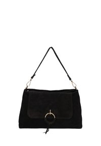 Borsa a tracolla nera in suede dal design piatto, con cinturino rimovibile, patta frontale, hardware circolare dorato e un accentuato texture alla chiusura.