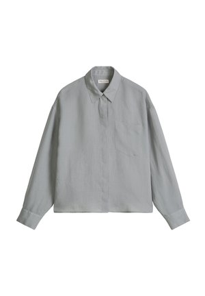 Light gray long-sleeve button-up shirt with a collar and a single chest pocket, displayed flat on a white background.