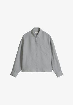 Light gray long-sleeve button-up shirt with a collar and a single chest pocket, displayed flat on a white background.