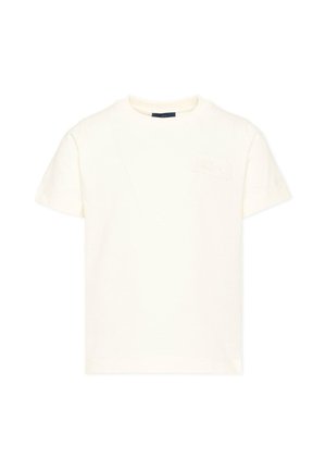 T-shirt blanc uni à manches courtes et col rond avec un discret patch logo cousu sur le côté gauche de la poitrine.