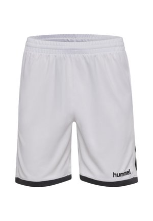 Białe sportowe spodenki z czarnym obszyciem na krawędzi i czarnym logo "hummel" na dolnej prawej nodze. Elastyczny pas.