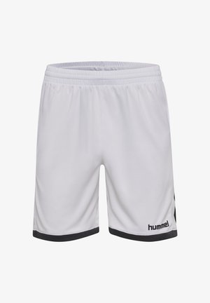 Witte sportshorts met zwarte zoom en een zwart "hummel" logo op het onderste rechterbeen. Elastische tailleband.