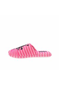 Pantofole a strisce rosa con grafica di un gatto nero, tessuto morbido, parte posteriore aperta e suola imbottita. Adatte per uso interno.