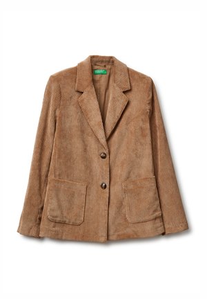 Bruine corduroy blazer met een reverskraag, twee voorzakken en twee knopen. Gelaagd stof met verticale strepen.
