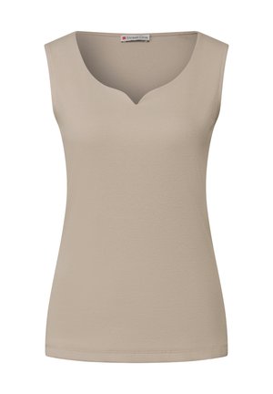 Beige ärmlös topp med ribbad textur, V-ringning, skräddarsydd passform och rak fåll. Tyget verkar mjukt och lätt.