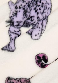 Soft white fabric featuring a purple leopard design with black spots and a pink accent pattern. Smooth texture with detailed animal illustrations.