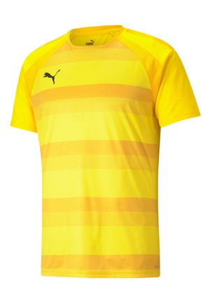 T-shirt sportivo giallo con righe orizzontali di diverse tonalità. Realizzato in tessuto leggero e traspirante, presenta un collo a giro e maniche corte.