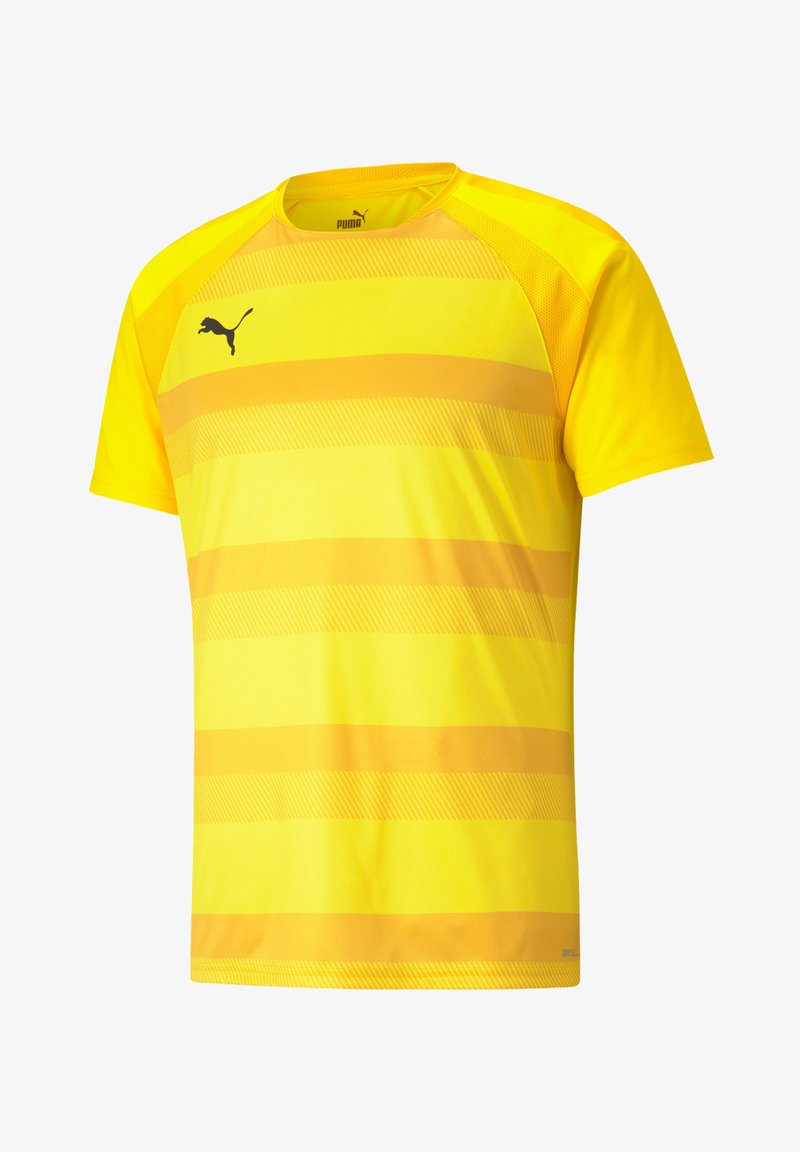 Gelbes Sport-T-Shirt mit horizontalen Streifen in verschiedenen Farbtönen. Hergestellt aus leichtem, atmungsaktivem Stoff, mit Rundhalsausschnitt und kurzen Ärmeln.