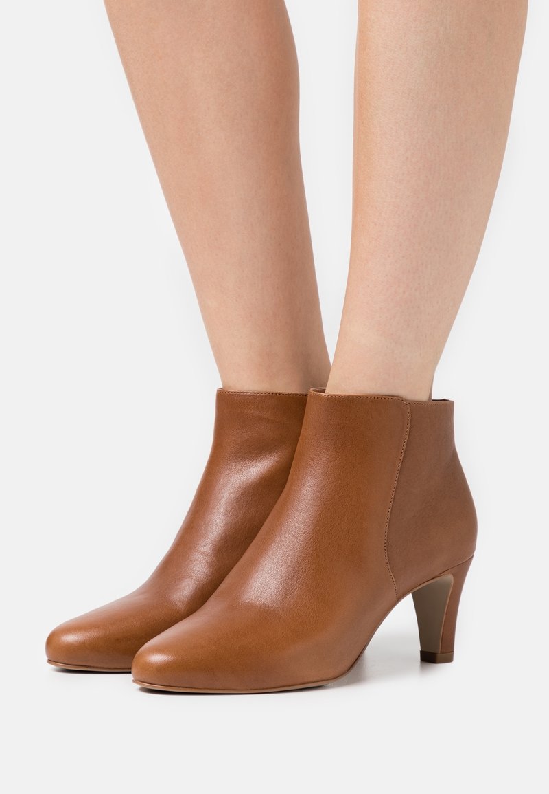Paire de bottines en cuir lisse marron avec talons de hauteur moyenne, portées sur des jambes nues sur un fond blanc uni.