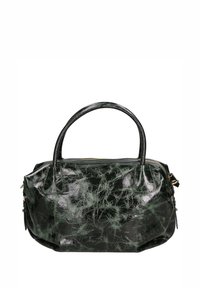 Borsa a tracolla verde con texture realizzata in materiale lucido, dotata di due manici, chiusura con zip e leggere variazioni di pattern sulla superficie.