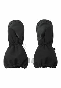 Schwarze Fäustlinge aus strapazierfähigem Stoff mit einer strukturierten, rutschfesten Handfläche. Verfügen über elastische Bündchen für eine enganliegende Passform und Etiketten an der Seite.