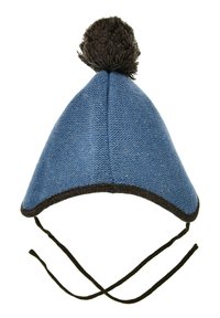 Blue knitted hat with a triangular shape, brown pom-pom on top, and dark brown trim. Features two strings for securing under the chin.