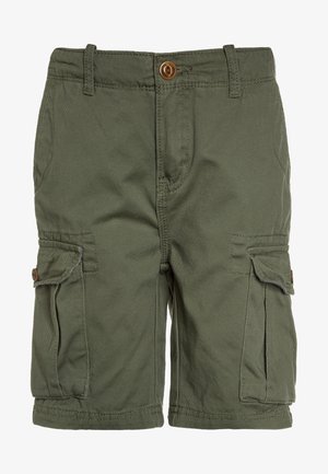 Shorts cargo verts avec fermeture à bouton, passants de ceinture, poches latérales et poches à rabat avec bouton sur chaque cuisse.