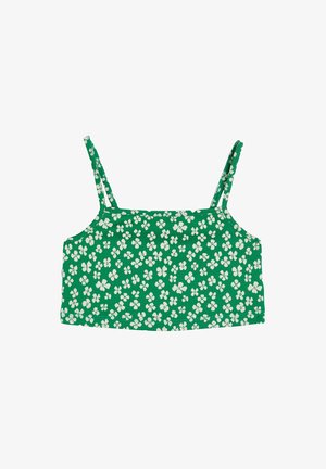 Zielony crop top z cienkimi regulowanymi ramiączkami, z białym wzorem kwiatowym na fakturowanej tkaninie. Smukły, dopasowany fason z prostym dołem.