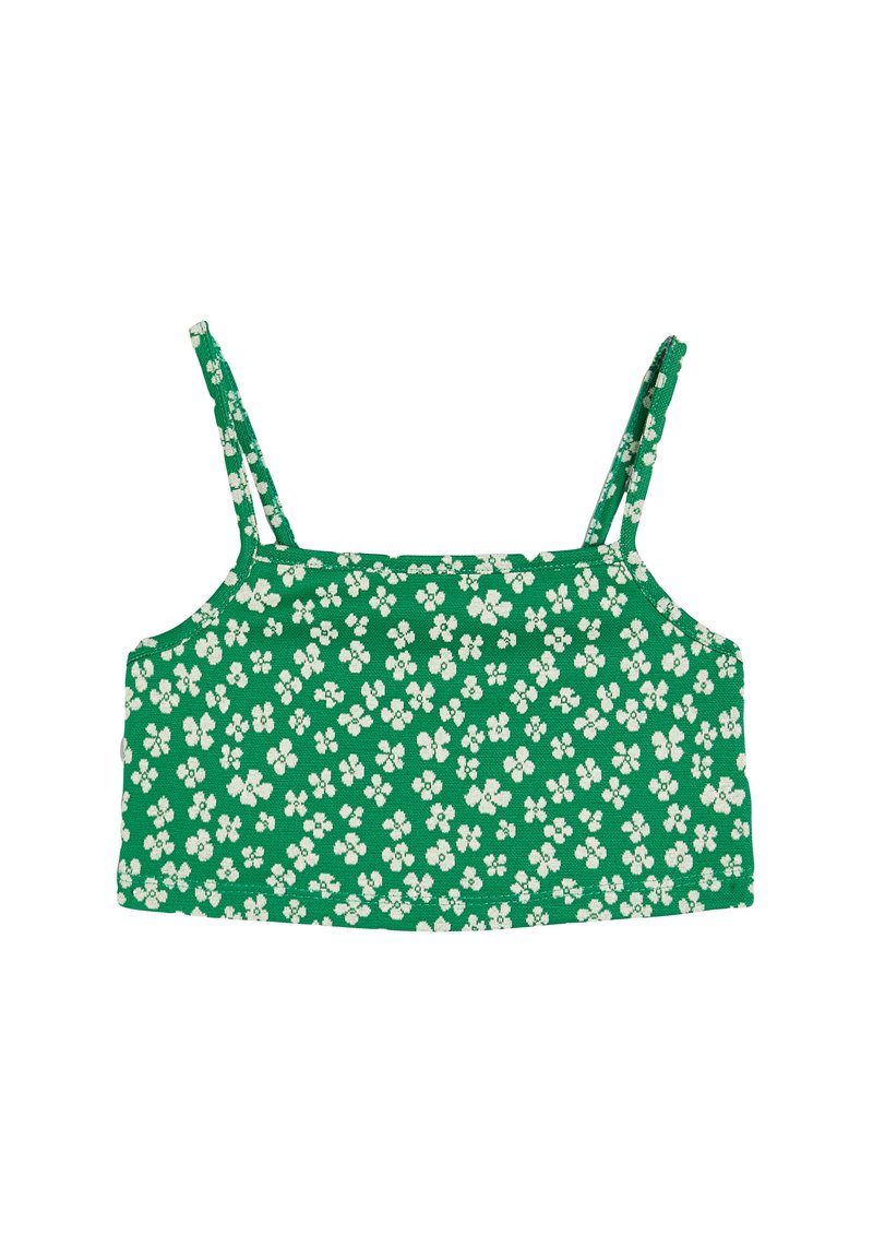 Grüner Crop-Top mit dünnen verstellbaren Trägern, ausgestattet mit einem weißen Blumenmuster auf strukturiertem Stoff. Schlankes, enganliegendes Design mit geradem Saum.
