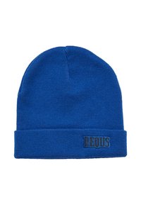 Gorro de punto azul con dobladillo, que presenta un bordado negro "PEQUS" en la parte frontal. Textura suave, diseño ajustado.