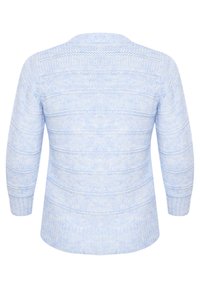 Hellblauer Strickpullover mit strukturiertem Muster, rundem Ausschnitt und dreiviertellangen Ärmeln. Weiches, leicht flauschiges Material.
