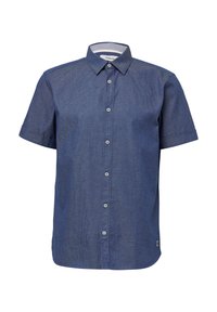 Camicia a maniche corte con bottoni di colore blu scuro. Realizzata in tessuto testurizzato con un motivo sottile, presenta un colletto classico e cinque bottoni.