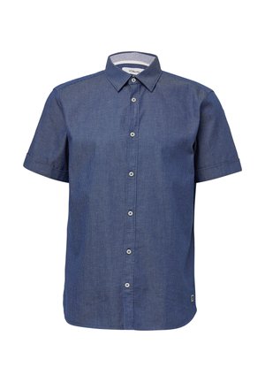 Korte mouwen overhemd met knopen in donkerblauw. Gemaakt van textuurstof met een subtiel patroon, uitgerust met een klassieke kraag en vijf knopen.