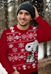 Pullover rosso lavorato a maglia con fiocchi di neve bianchi e una grafica di un cane in stile cartoon. I dettagli includono un motivo decorativo e polsini a coste.