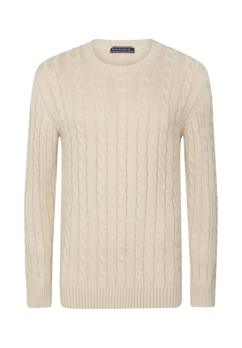 Beige Kabelstrickpullover mit Rundhalsausschnitt, langen Ärmeln und gerippten Bündchen und Saum. Hergestellt aus weichem, strukturiertem Strickstoff.
