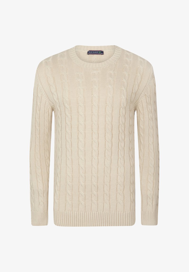 Beige Kabelstrickpullover mit Rundhalsausschnitt, langen Ärmeln und gerippten Bündchen und Saum. Hergestellt aus weichem, strukturiertem Strickstoff.