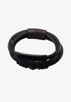 Black leather bracelet featuring braided and smooth textures, with a glossy black metal clasp and decorative bead accents.