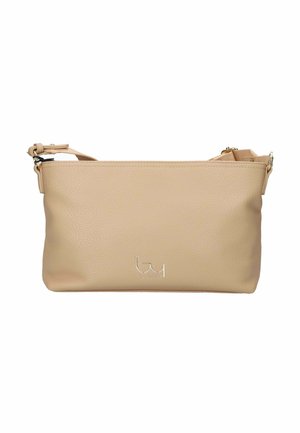 Borsa a tracolla rettangolare in pelle beige con tracolla regolabile e piccolo logo metallico al centro anteriore.