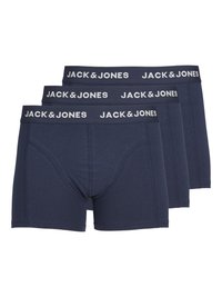 Drei Paare navyblaue Baumwoll-Boxershorts mit einem weichen elastischen Bund, der "JACK & JONES" in weißem Text zeigt. Glattes, enganliegendes Design.