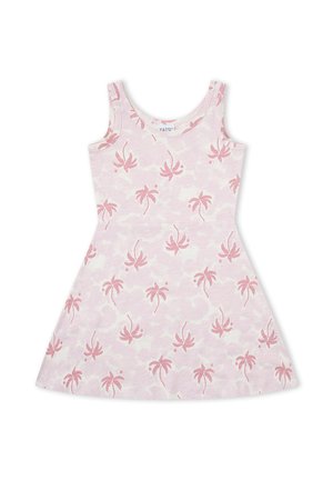 Vestido sin mangas rosa y blanco con estampados de palmeras rosas, escote redondo y falda acampanada, adecuado para uso casual.