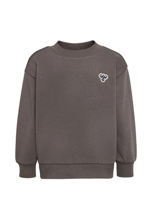 Grå langærmet sweatshirt med ribkrave, manchetter, kant og et lille hvidt og sort bi-logo på venstre bryst.
