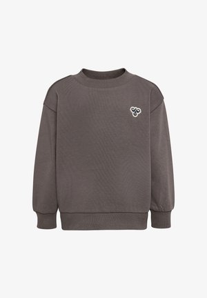 Graues Sweatshirt mit langen Ärmeln, Rippkragen, Bündchen, Saum und einem kleinen schwarz-weißen Bienen-Logo auf der linken Brust.