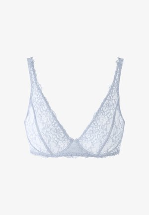 Light blue lace bra with a v-shaped neckline, floral pattern, scalloped edges, and adjustable straps. Features sheer fabric with underwire support.