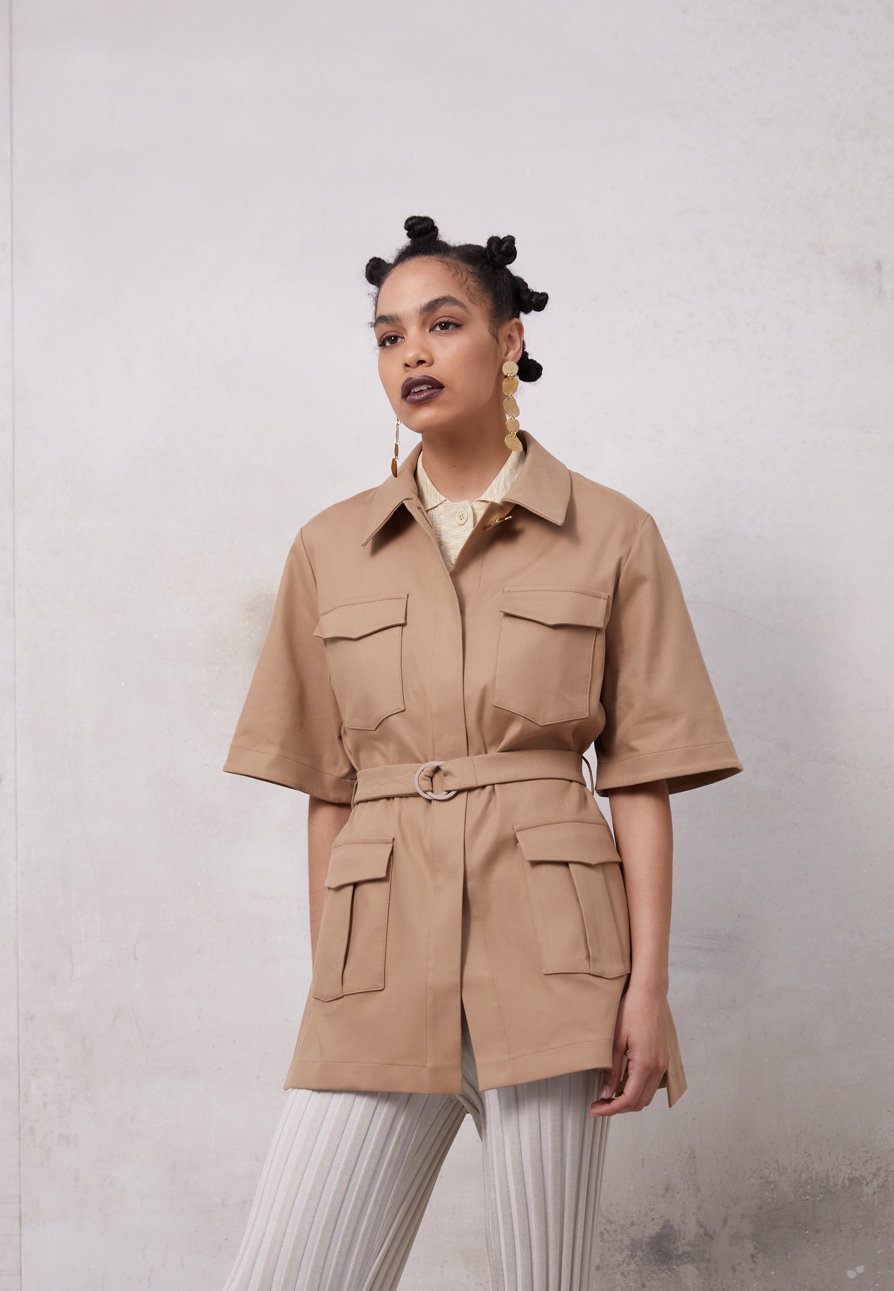 Mother of Pearl Short Sleeve Jacket with Oring Belt Classic Coat Tan, Women's, Size: 8, Camel