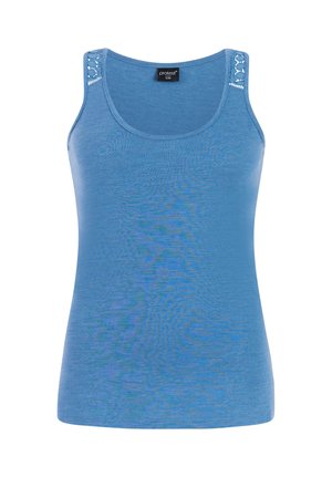 Blauw mouwloos tanktopje met haakwerkdetail aan de schouderbanden en een wijde ronde halslijn.