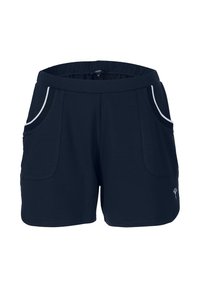 Donkerblauwe korte broek met een elastische tailleband, twee voorzakken en witte bies langs de randen van de zakken. Zachte stof, casual ontwerp.