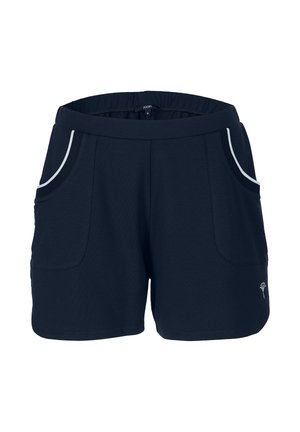 Ciemnoniebieskie szorty z elastycznym pasem, dwiema przednimi kieszeniami oraz białym obszyciem wzdłuż krawędzi kieszeni. Miękki materiał, casualowy design.