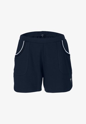 Dunkelblaue Shorts mit elastischem Bund, zwei Fronttaschen und weißer Paspelierung entlang der Taschenkanten. Weicher Stoff, lässiges Design.