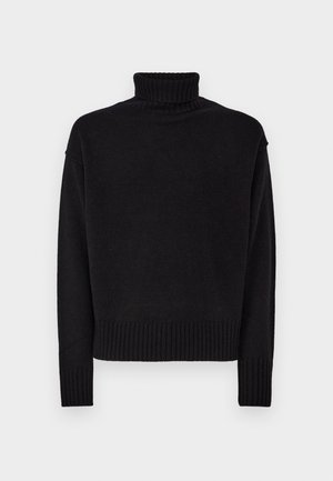 Black turtleneck sweater, made of soft knit fabric. Features a ribbed collar and cuffs, with a boxy silhouette and no visual patterns.