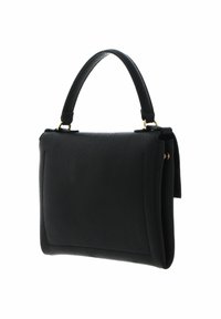 Schwarze Lederhandtasche mit strukturiertem Finish, rechteckiger Form, kurzem Griff und goldfarbenen Hardware-Akzenten.