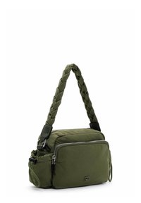 Borsa a spalla verde oliva realizzata in nylon con una tracolla intrecciata e numerosi scomparti con zip. Presenta una texture liscia e un dettaglio con logo.
