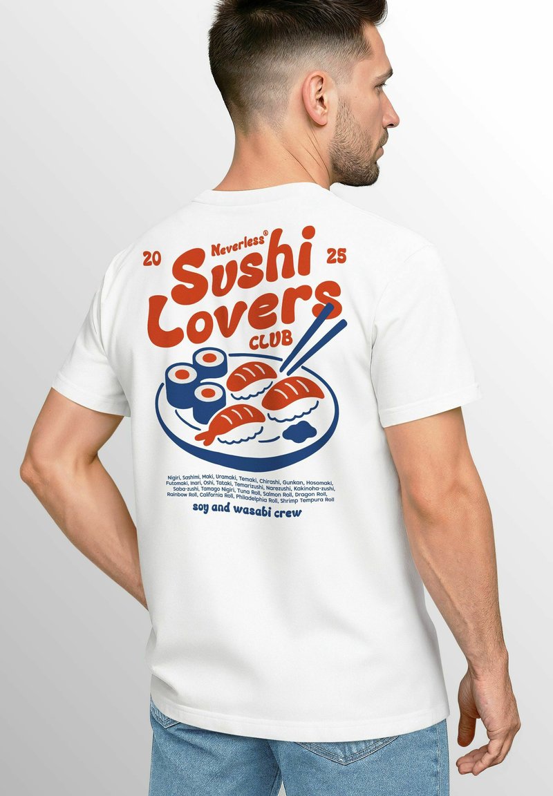 White t-shirt featuring a colorful graphic print on the back, depicting sushi and chopsticks with text "Sushi Lovers Club" in bold red and blue.