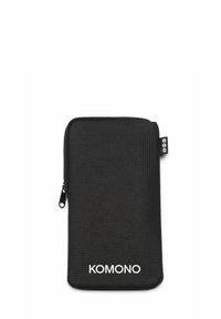 Zwarte stoffen portemonnee met een ritssluiting, met een gestructureerd oppervlak en een wit "KOMONO" logo aan de voorkant. Rechthoekige vorm.