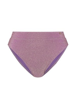 Paars glinsterende bikinibroekje met hoge taille, een gladde tailleband en een klein gouden logodetail aan de rechterkant.