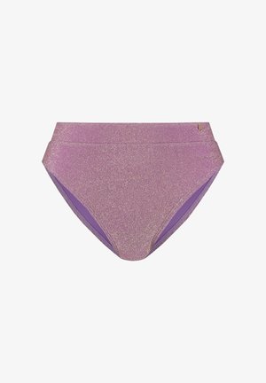 Paars glinsterende bikinibroekje met hoge taille, een gladde tailleband en een klein gouden logodetail aan de rechterkant.
