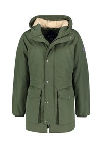 Giacca parka verde con cappuccio, chiusura a zip e bottoni automatici, due tasche frontali, rivestimento trapuntato e una patch con logo sulla manica.
