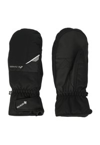 Svarta vantar tillverkade av vattentåligt material, med justerbar manschett, ett strukturerat greppmönster och reflexdetaljer på sidan.