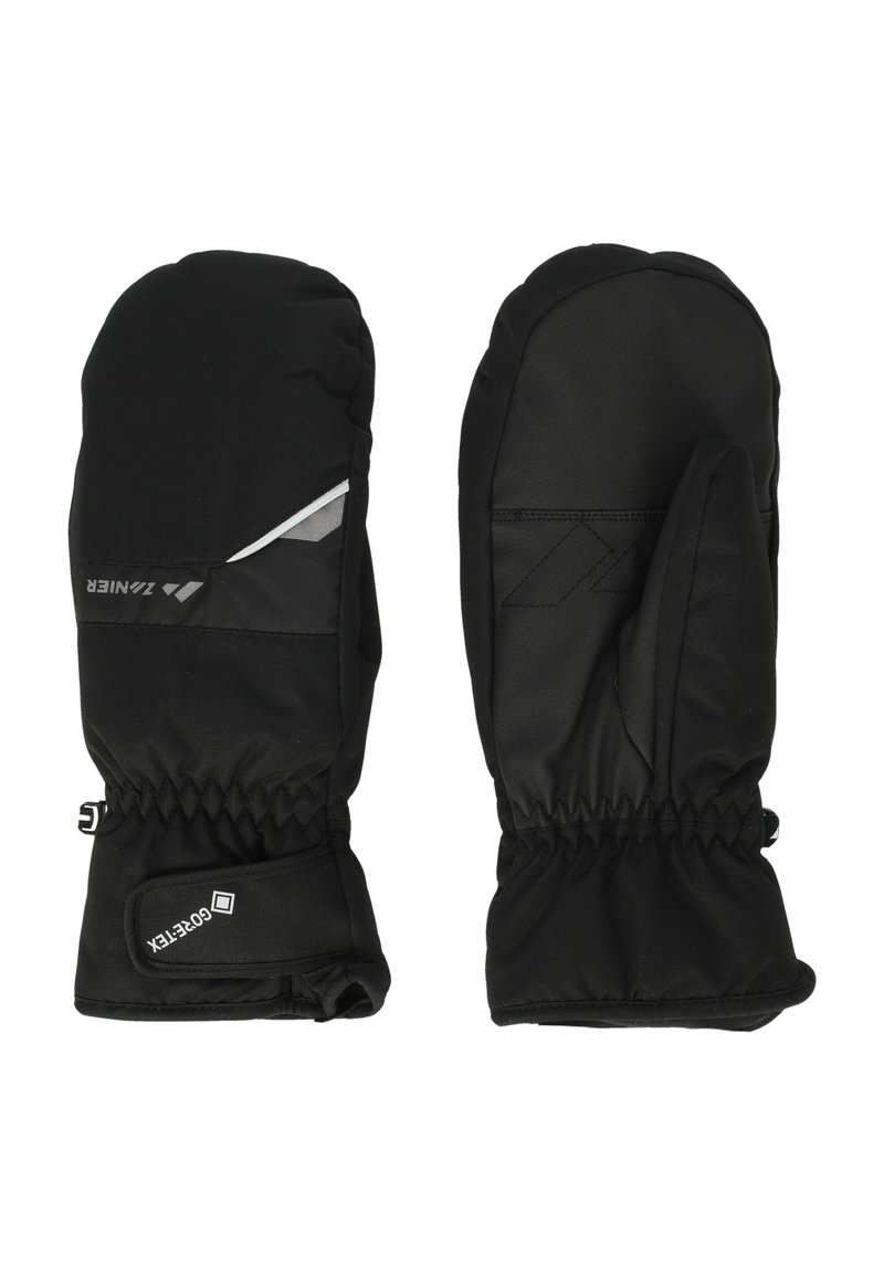 Svarta vantar tillverkade av vattentåligt material, med justerbar manschett, ett strukturerat greppmönster och reflexdetaljer på sidan.