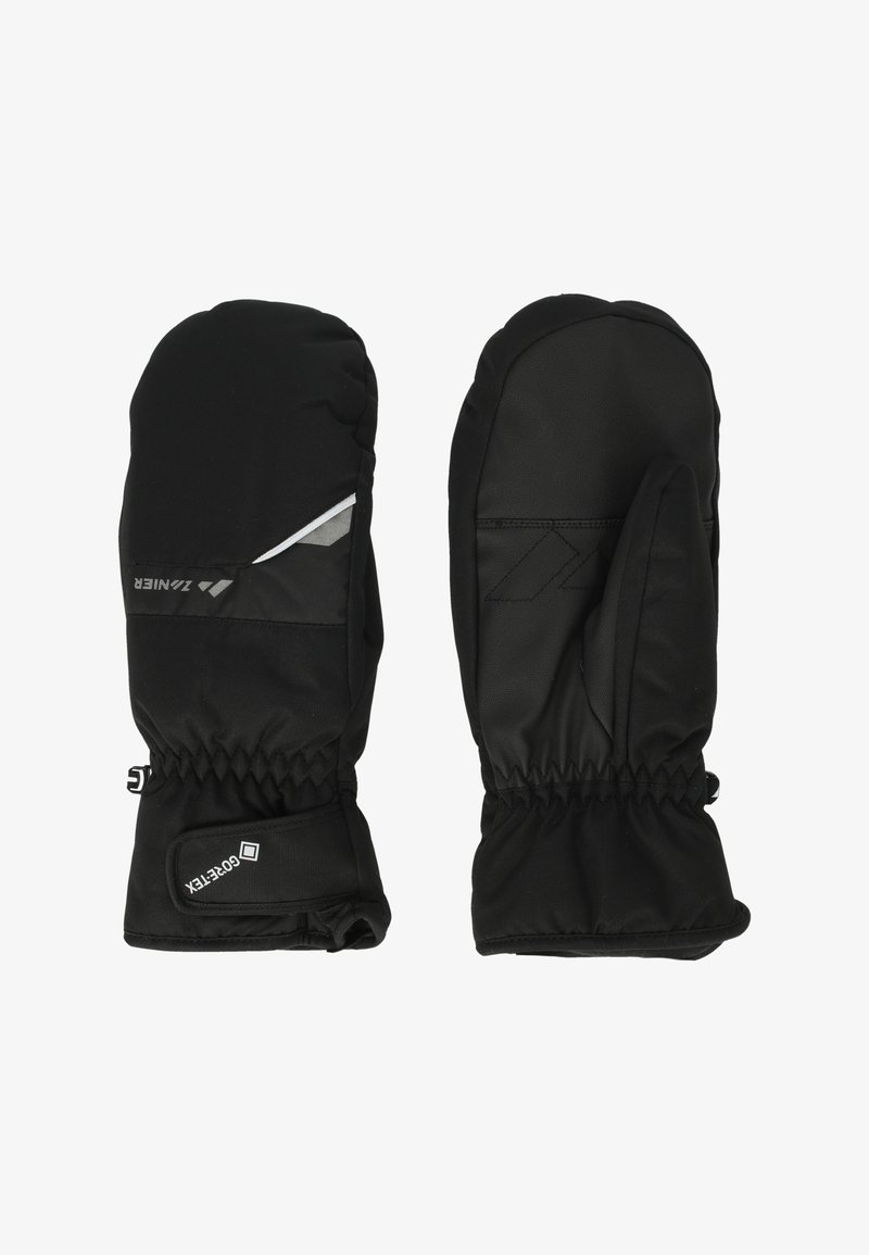 Zwarte wanten van waterdicht materiaal, met een verstelbare manchette, een gestructureerd grippatroon en reflecterende details aan de zijkant.